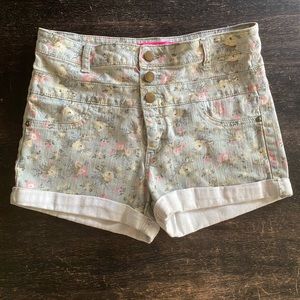 Tinseltown High Waist Vintage Button Cuff Pastel Floral Denim Short